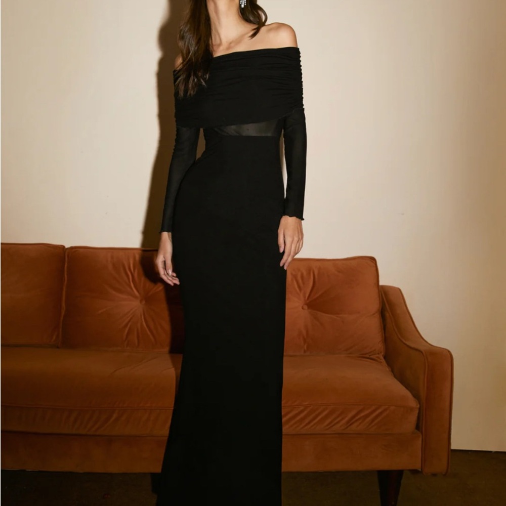 Commense | Semi-Sheer Off-Shoulder Mesh Long Sleeve Long Dress